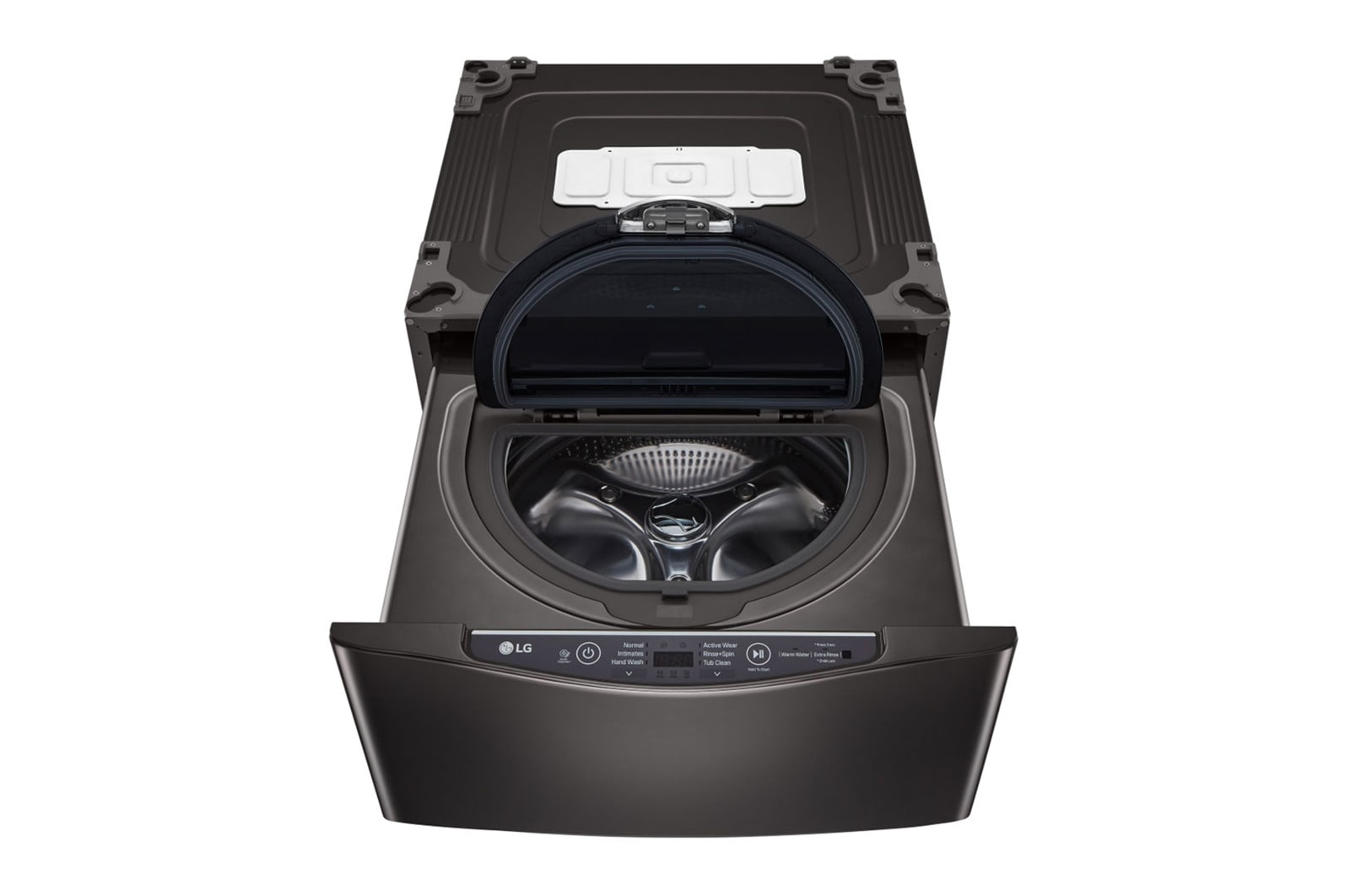 Vista frontal de Lavadora LG TWINWash Mini™, 3.5kg/7lbs 3 Movimientos, Color Black Steel, Negro Tipo Acero Inoxidable WD100CB