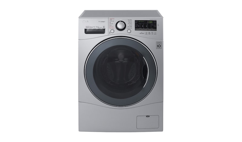 Vista frontal de Lavadora/Secadora Carga Frontal, 26lbs/12kg, 6MotionDD, Eco Hybrid, color Plateado WD1245RDS