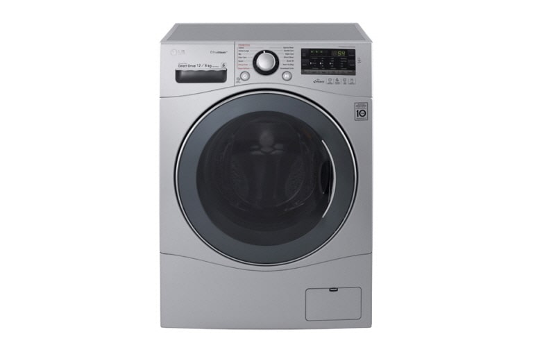 Vista frontal de Lavadora/Secadora Carga Frontal, 26lbs/12kg, 6MotionDD, Eco Hybrid, color Tipo Acero Inox WD1247RDS