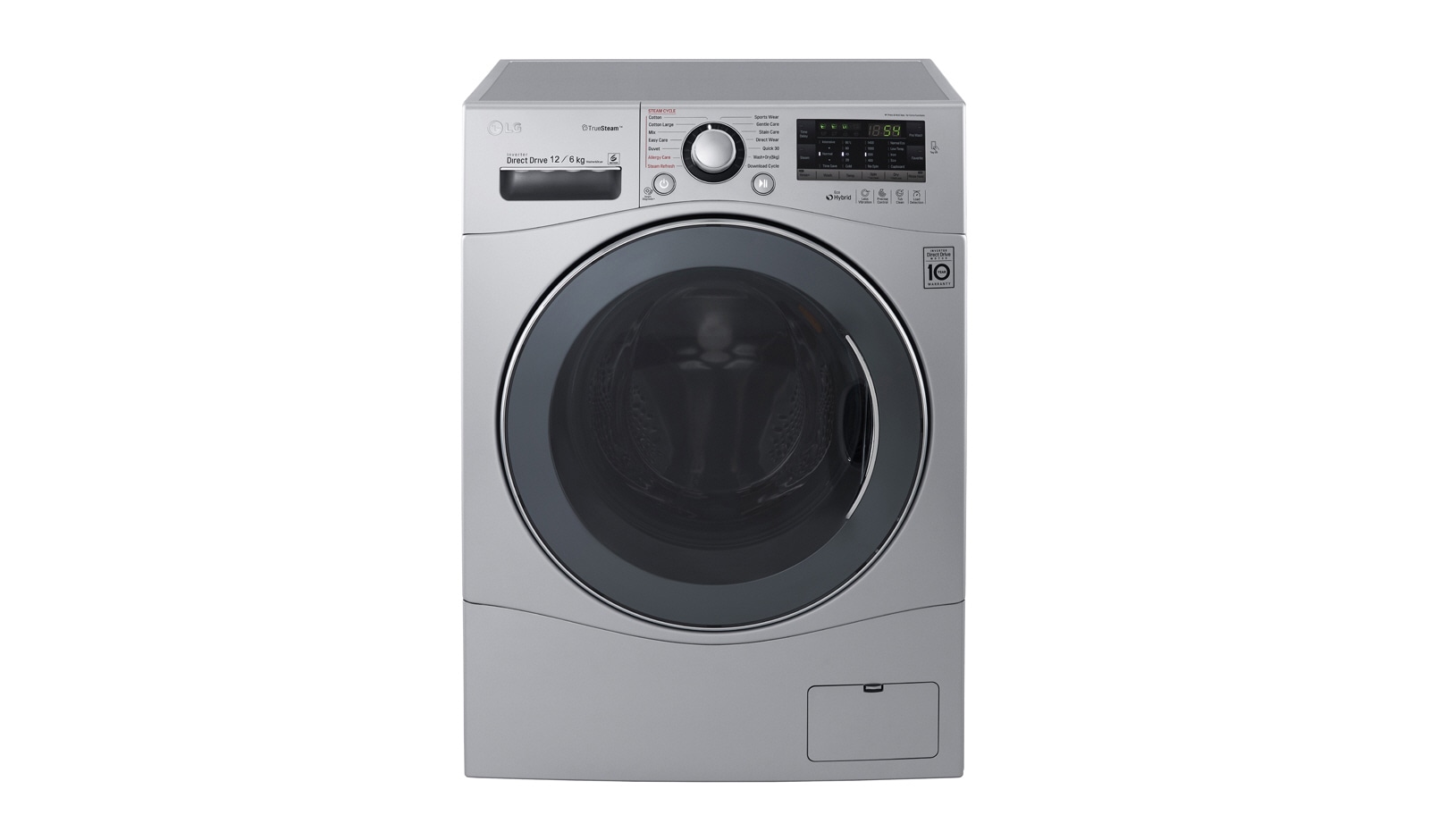 Vista frontal de Lavadora/Secadora Carga Frontal, 26lbs/12kg, 6MotionDD, Eco Hybrid, color Tipo Acero Inox WD1247RDS
