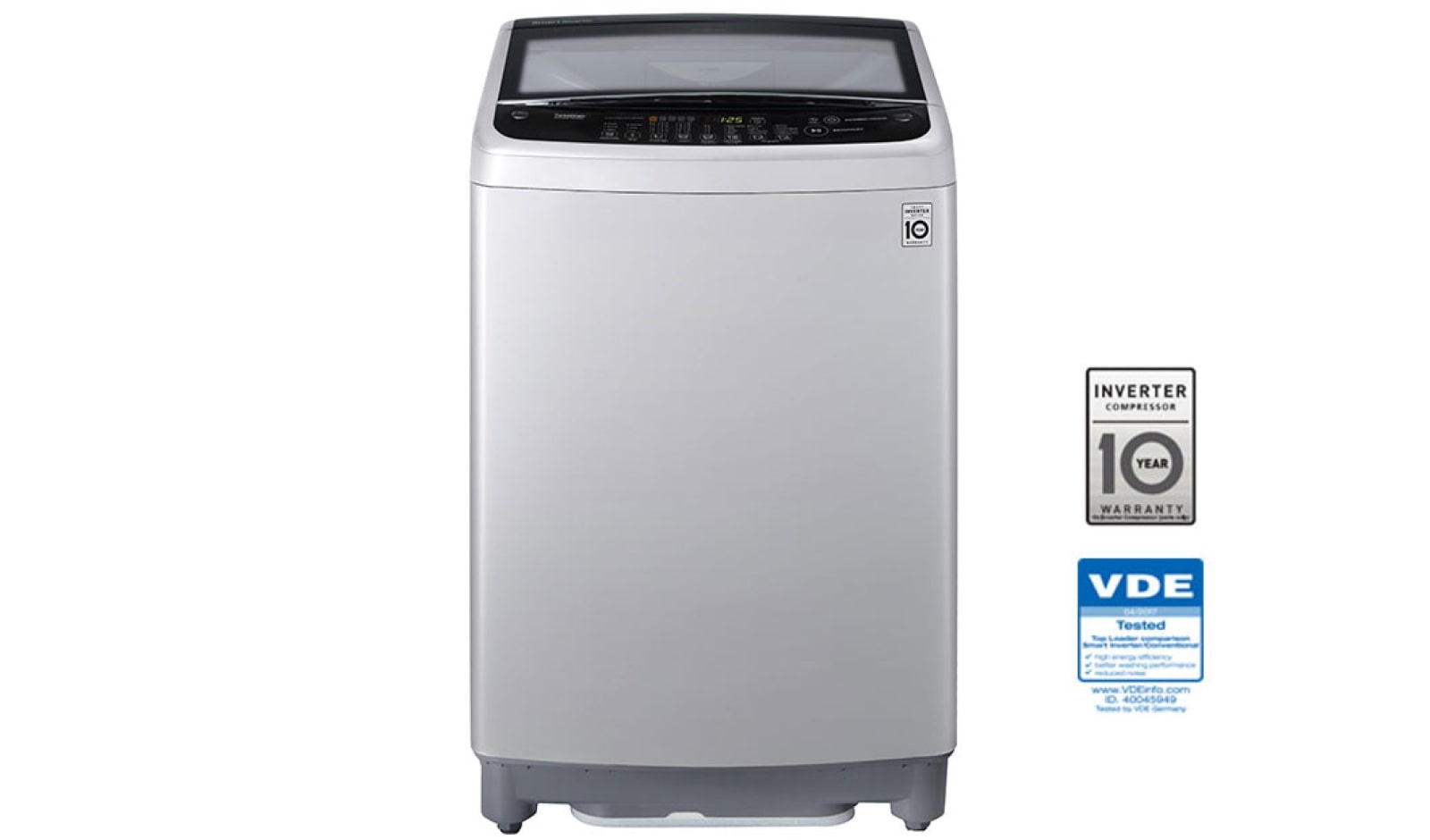 Vista frontal de Lavadora LG Motor Smart Inverter, Smart Motion&#43;Turbo Drum®, Pre-lavado&#43;Normal, Carga Superior, 29lbs/13kg, color Gris WT13DSB