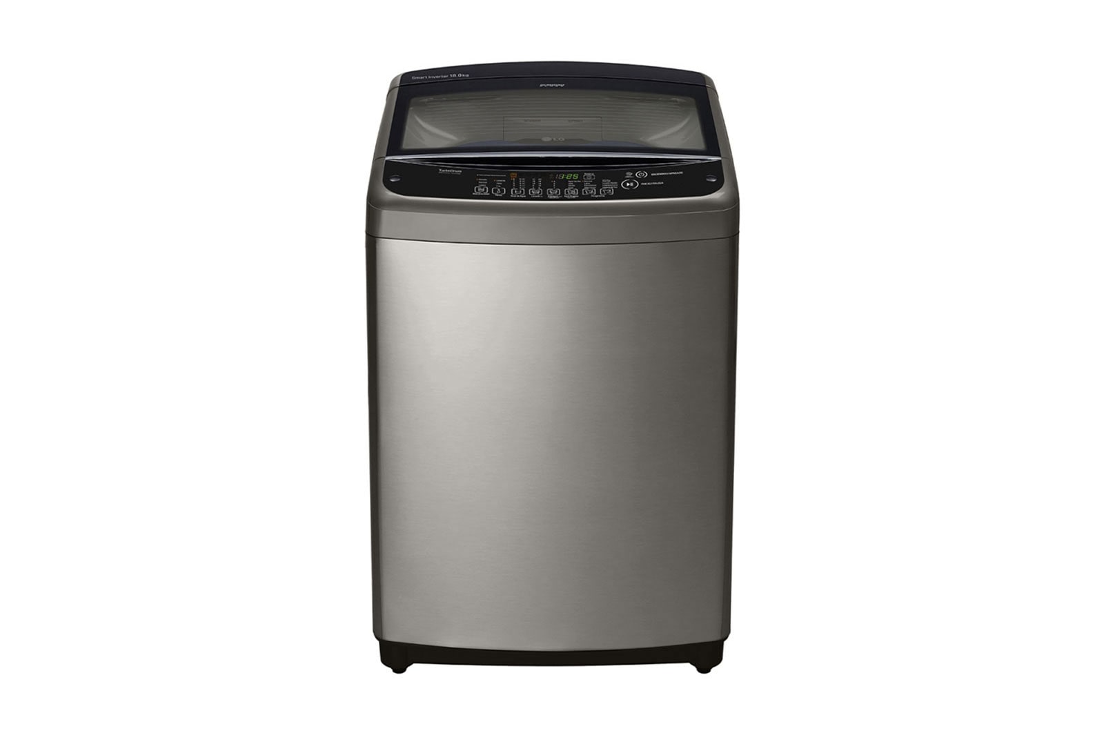 Vista frontal de Lavadora de Carga Superior Acabado oscuro con motor Smart Inverter y capacidad total de 42lbs/19 kilos WT19VSB