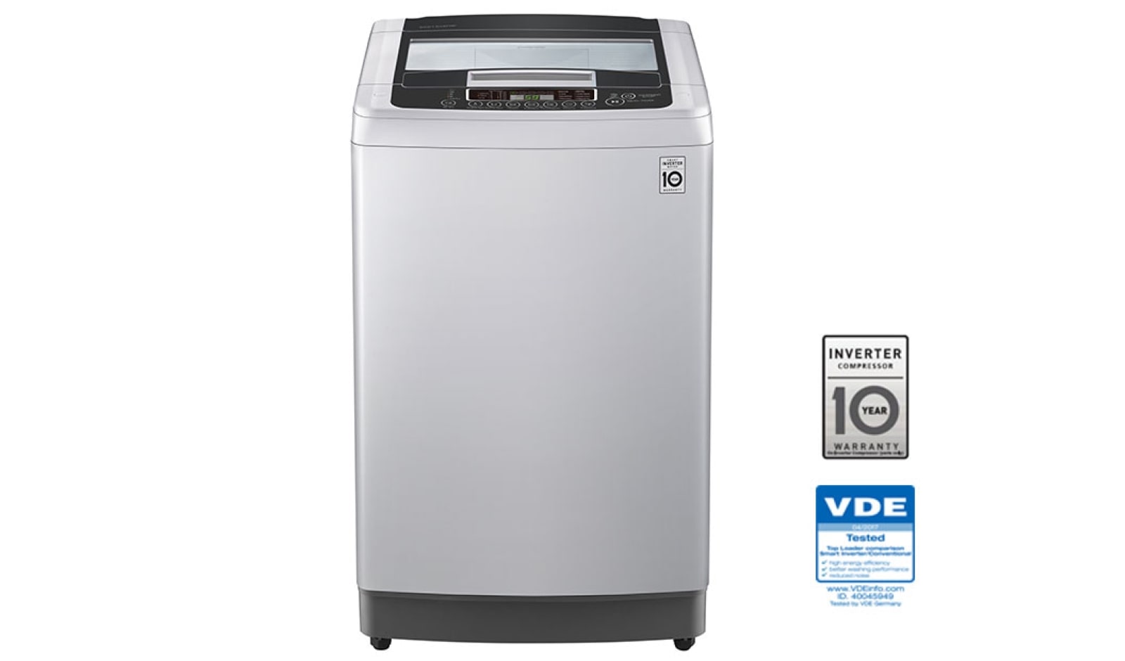 Vista frontal de Lavadora LG Motor Smart Inverter, Smart Motion&#43;Turbo Drum®, Pre-lavado&#43;Normal, Carga Superior, 20lbs/9kg, color Gris WT9DPB
