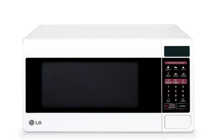 Vista frontal de Horno microondas Sencillo, capacidad 0,7 pies3, 700W de potencia, color blanco y sistema Intelo Wave para cocción uniforme. MS0748G