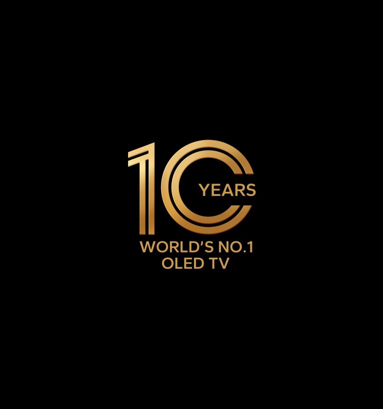 The phrase "World's No.1 OLED" appears over a black background. As the other words fade away, 1 enlarges and transforms into the ultra-slim edge of LG OLED G3. The TV revolves, and a colorful abstract image plays on the screen, which fades into the words "10 years of LG OLED".
