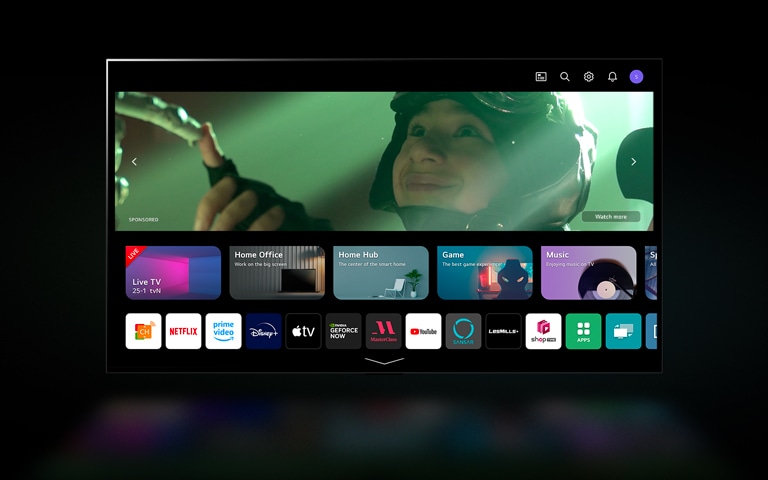A montage of different content genres, including a concert, a dressage competition, and a sci-fi movie. The movie resizes to become an image on the screen of the webOS 23 New Home UX.