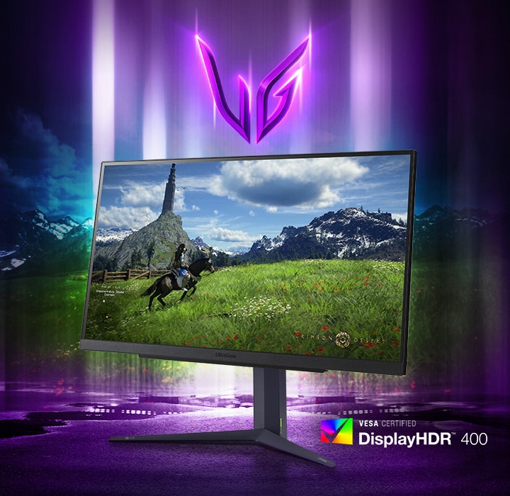 Monitor para videojuegos UltraGear™ con la imagen de un hombre que monta a caballo.	
