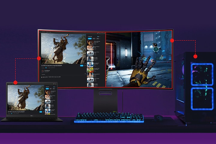 La pantalla dividida de la computadora portátil y la PC.