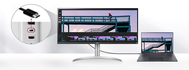 LG 34WQ650 features a USB Type-C™ port supports DisplayPort Alt Mode. Simply using the one USB Type-C™ cable, full DisplayPort image signals can be transferred to an external monitor without dedicated display cables or active adapters.