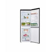 Puerta abierta de la nevera LG negra, vista interior con mercado.