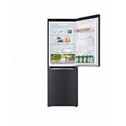 Vista interior de la nevera LG negra mate con alimentos organizados