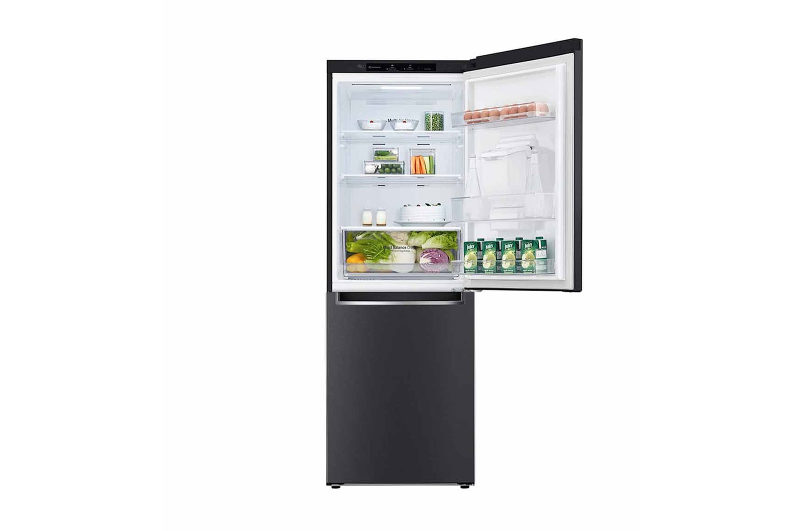 Vista interior de la nevera LG negra mate con alimentos organizados