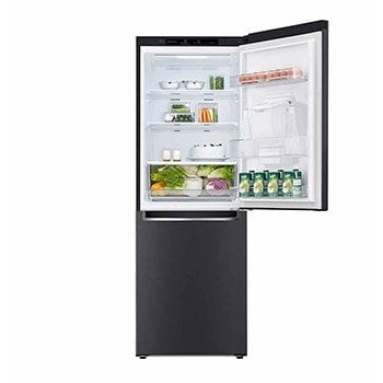 Vista interior de la nevera LG negra mate con alimentos organizados