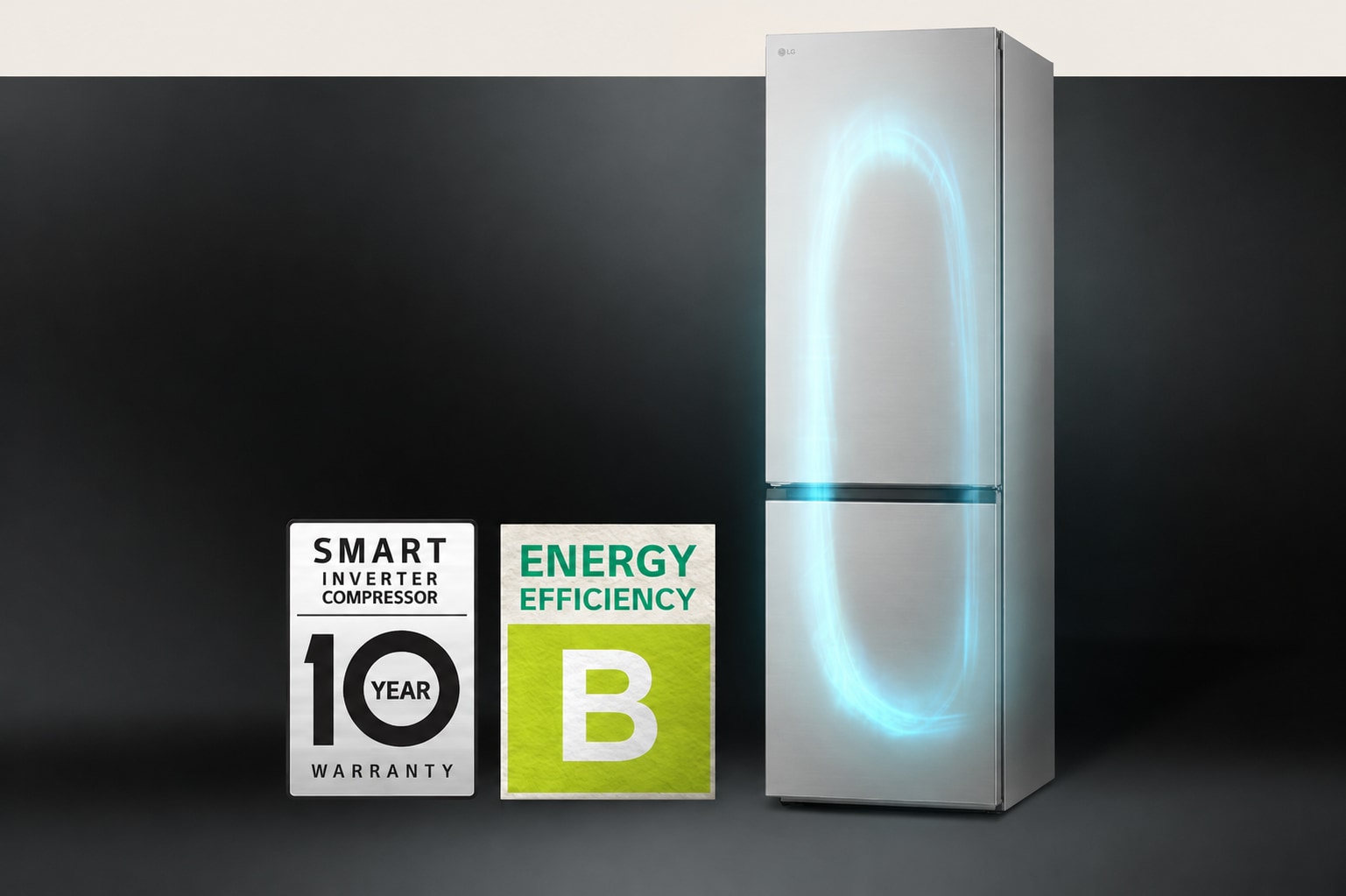 Nevera LG con compresor Smart Inverter eficiente y garantía de 10 años, asegurando rendimiento y ahorro energético
