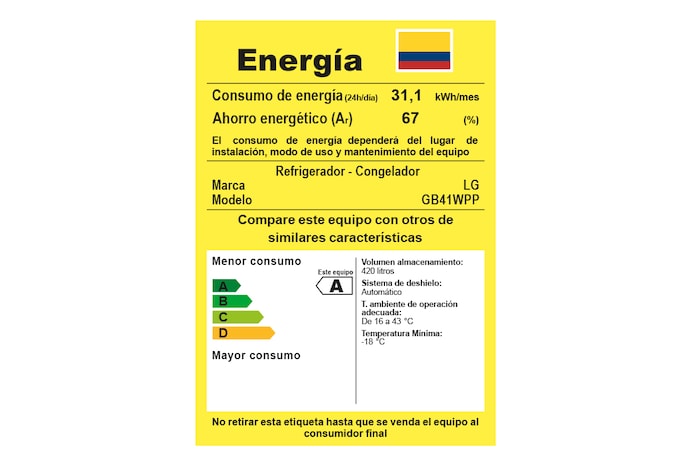 Etiqueta de consumo energético de la nevera LG GB41WPP.