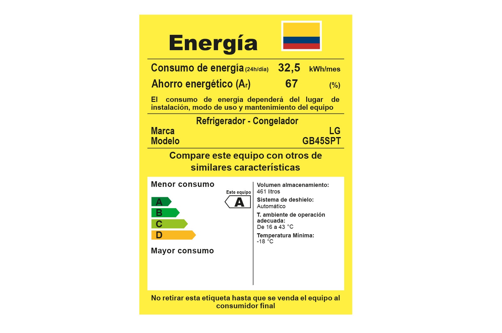 LG Nevera Tipo Europeo tarjeta de consumo energético