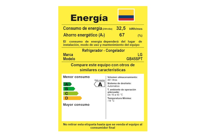 LG Nevera Tipo Europeo tarjeta de consumo energético