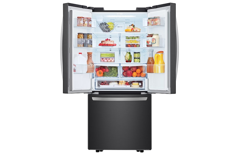 Vista Frontal con puerta superior arriba con comida del Nevecon French Door LG GM22SGT