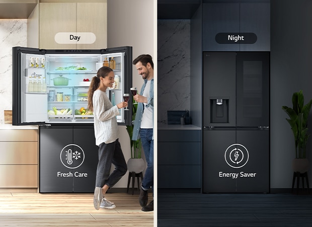 La imagen de la izquierda muestra a una pareja que sostiene vasos durante el día delante de un refrigerador abierto. Sólo uno de los  lados del refrigerador está abierto, y de él sale aire frío de color azul. El icono del termómetro, que significa aire frío, se encuentra debajo de la imagen. La imagen de la derecha muestra el refrigerador en la cocina en una noche oscura. Debajo de la imagen hay un icono eléctrico, que significa ahorro de energía.
