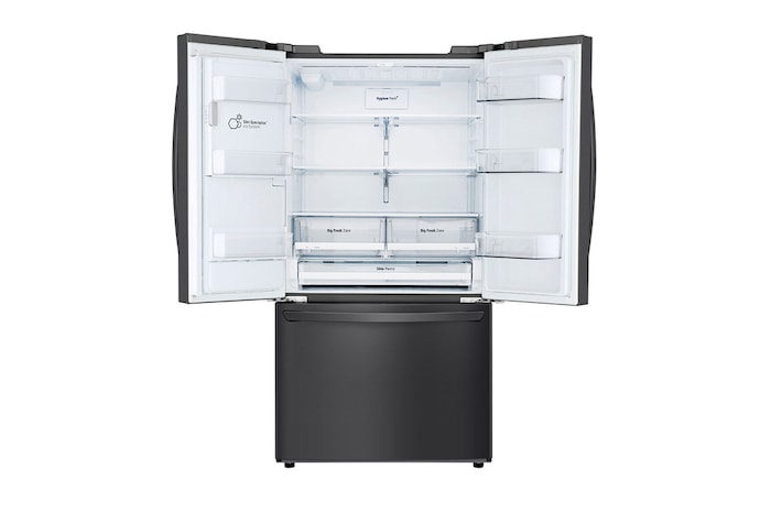 Vista frontal con puertas abiertas sin comida del Nevecon French Door LG GM78SGT