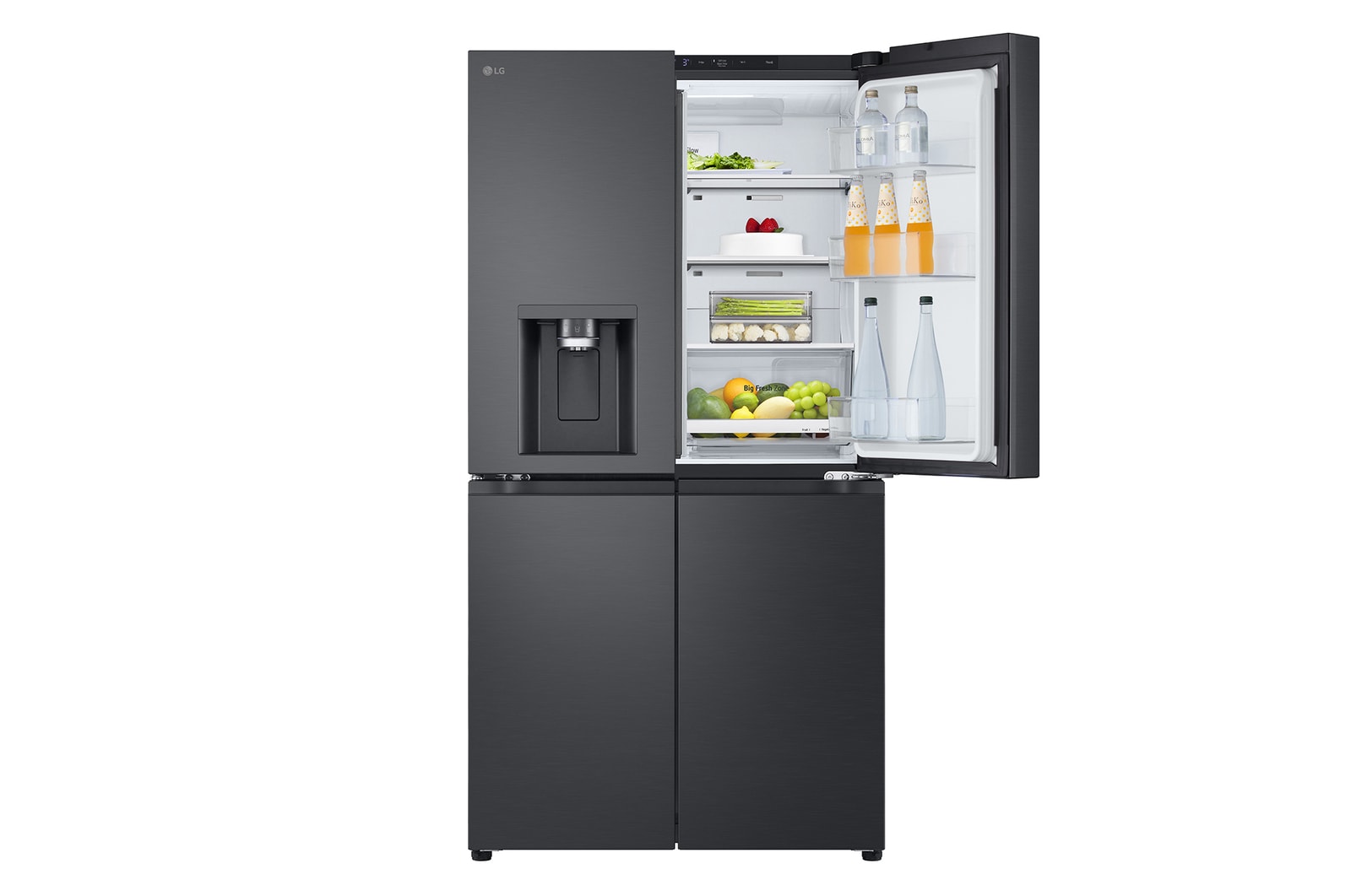 front view top one side door open with food