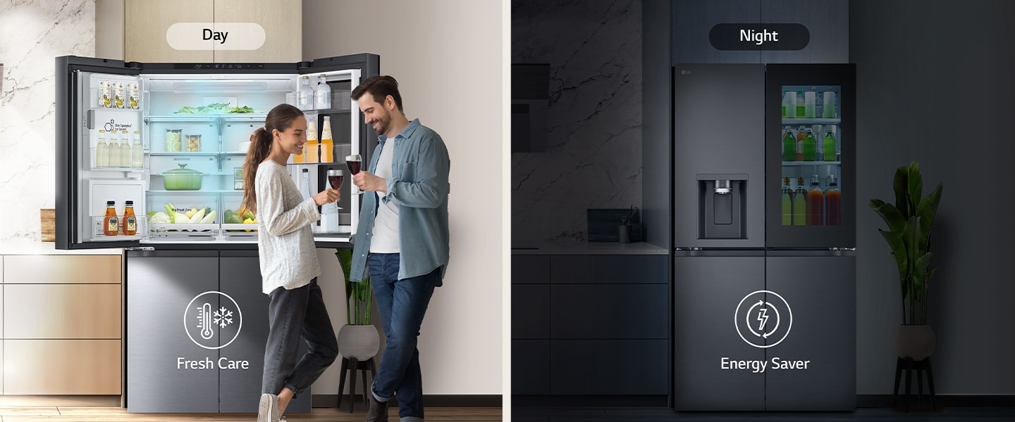 La imagen de la izquierda muestra a una pareja que sostiene vasos durante el día delante de un refrigerador abierto. Sólo uno de los lados  del refrigerador está abierto, y de él sale aire frío de color azul. El icono del termómetro, que significa aire frío, se encuentra debajo de la imagen. La imagen de la derecha muestra el refrigerador en la cocina en una noche oscura. Debajo de la imagen hay un icono eléctrico, que significa ahorro de energía.