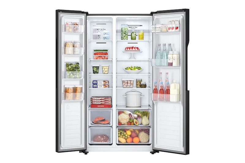 Vista frontal con puertas abiertas con comida Nevecon LG Side By Side LG GS51MPD