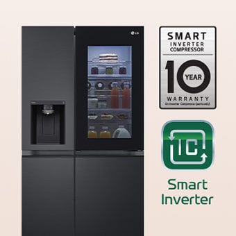10 años de garantía en el lado derecho del refrigerador, logotipo smart inverter