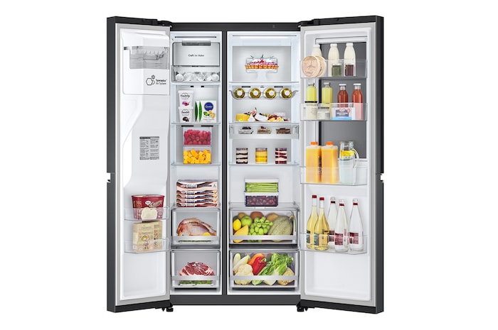 Vista Frontal con puertas abiertas con comida del Nevecon Side By Side InstaView Door-In-Door LG GS66SXTC