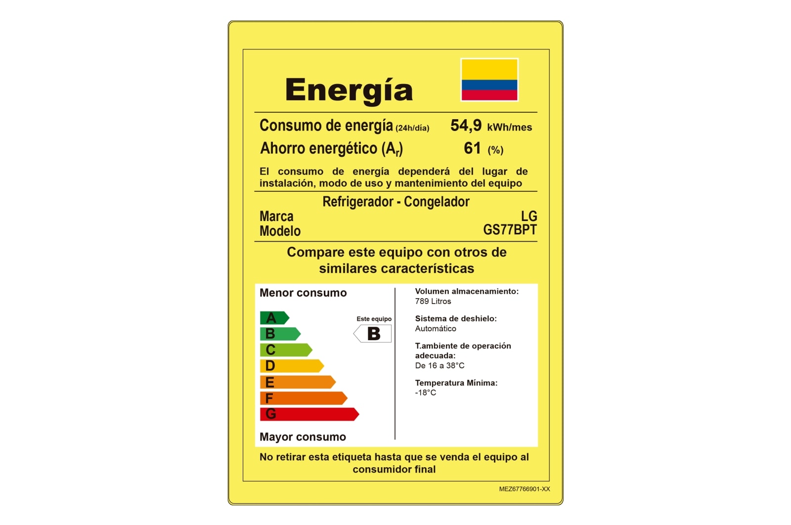 Consumo energético de nevecón LG GS77BPT