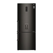 Vista frontal de Nevera Bottom Freezer, 496 LTS, acabado Black Steel, Inverter Linear Compressor, Dispensador de agua LB44SVDE