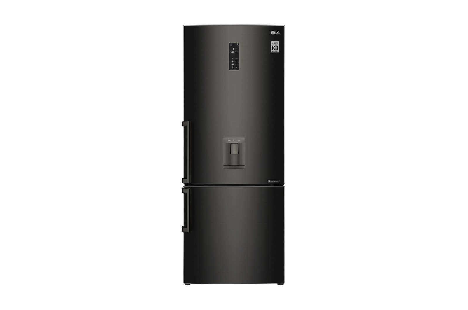 Vista frontal de Nevera Bottom Freezer, 496 LTS, acabado Black Steel, Inverter Linear Compressor, Dispensador de agua LB44SVDE