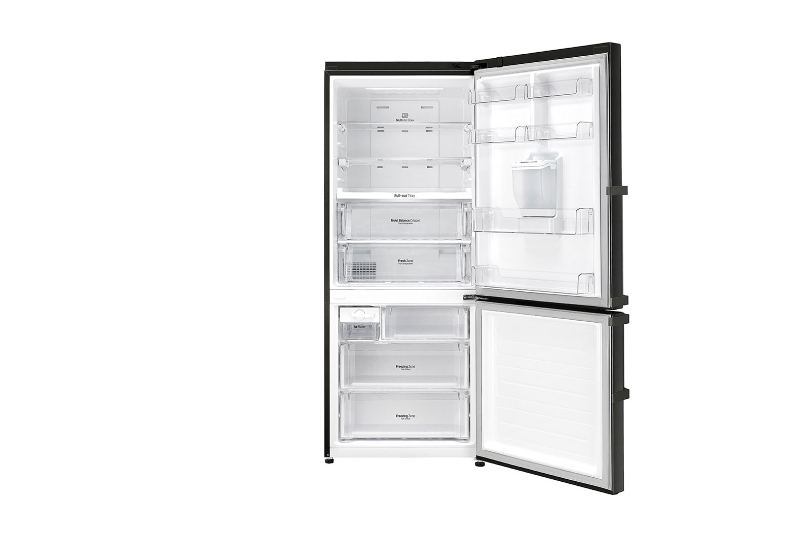 LG Nevera Bottom Freezer, 496 LTS, acabado Black Steel, Inverter Linear Compressor, Dispensador de agua, LB44SVDE