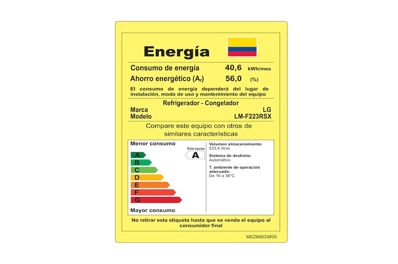 LG Nevecón Tipo europeo de 650 LTS, No frost, Acabado Acero Inoxidable Inverter Lineal Compressor, LM-F223RSX