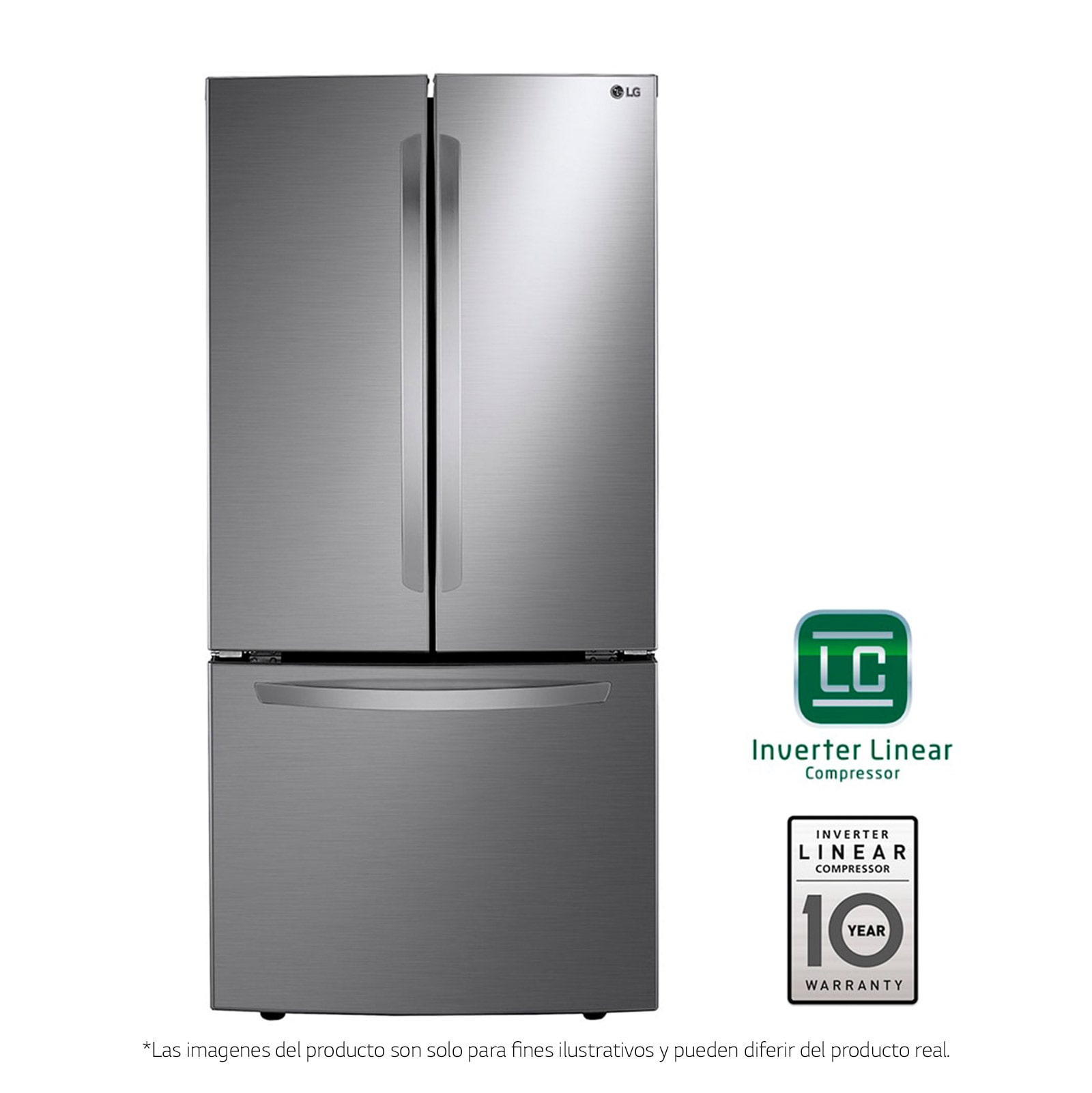 Vista frontal de Nevecón French Door, Tecnología Door Cooling™, capacidad 716 LTS, acabado Platinum Silver, Inverter Lineal Compressor LM65BGSK