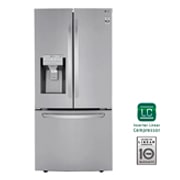 Vista frontal de Nevecón tipo europeo-3 puertas, 695L, Acabado STS, Inverter Linear Compresor, dispensador agua - hielo, LINEAR Cooling, Door Cooling, ThinQ, Garantía 10 años en compressor LM65SGS