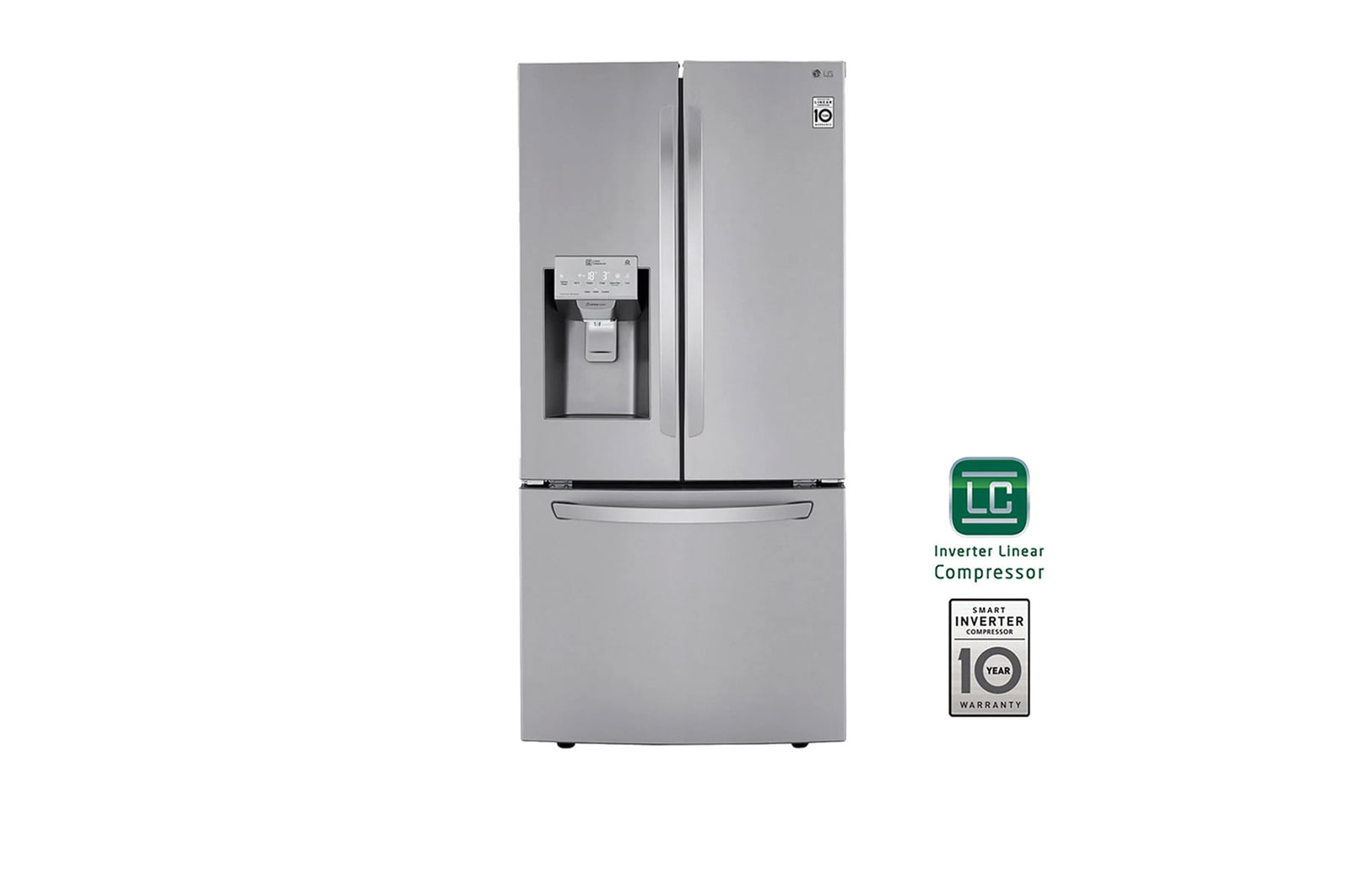 Vista frontal de Nevecón tipo europeo-3 puertas, 695L, Acabado STS, Inverter Linear Compresor, dispensador agua - hielo, LINEAR Cooling, Door Cooling, ThinQ, Garantía 10 años en compressor LM65SGS