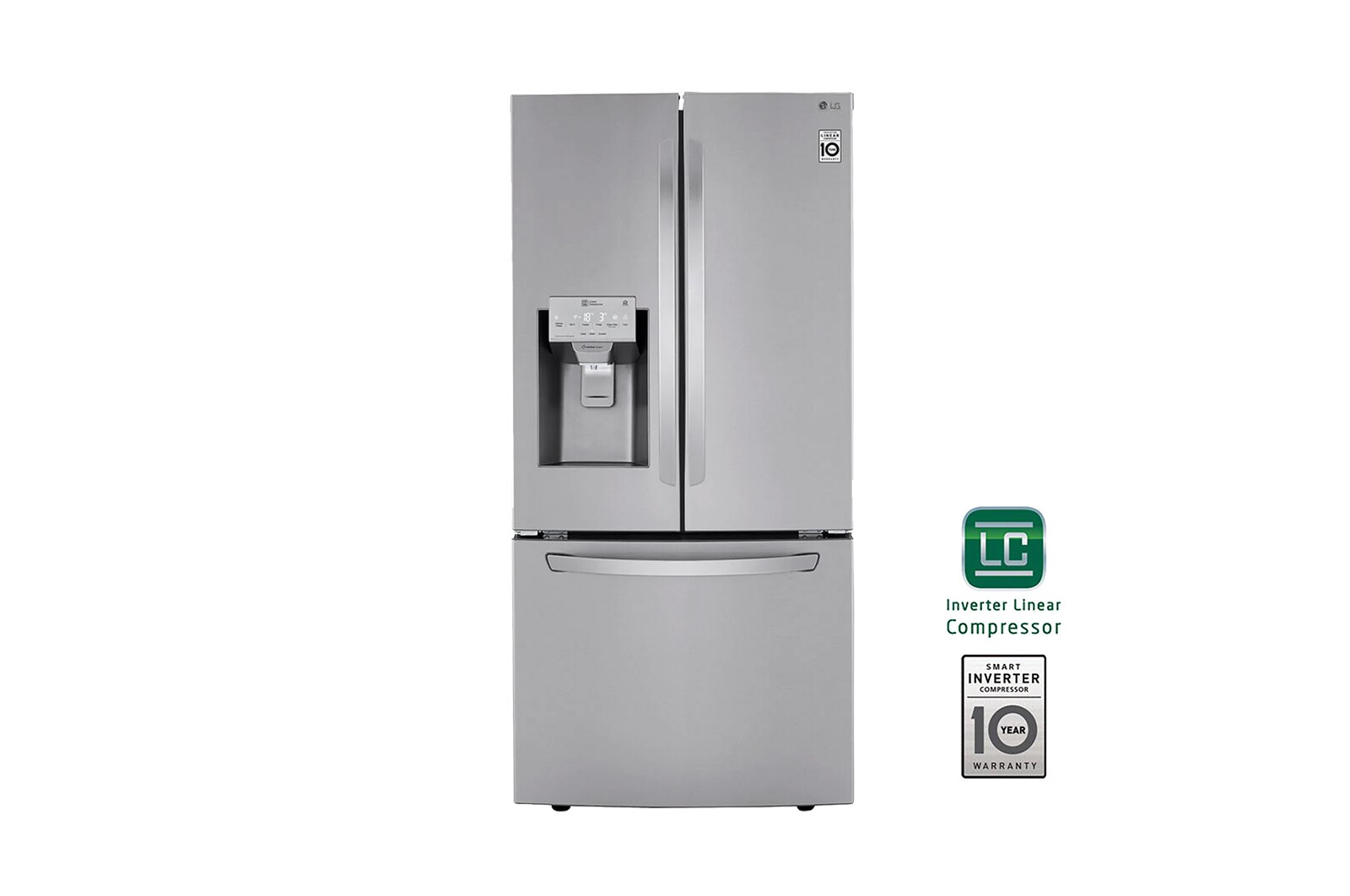 Vista frontal de Nevecón tipo europeo-3 puertas, 695L, Acabado STS, Inverter Linear Compresor, dispensador agua - hielo, LINEAR Cooling, Door Cooling, LG ThinQ™, Garantía 10 años en compressor LM65SGS