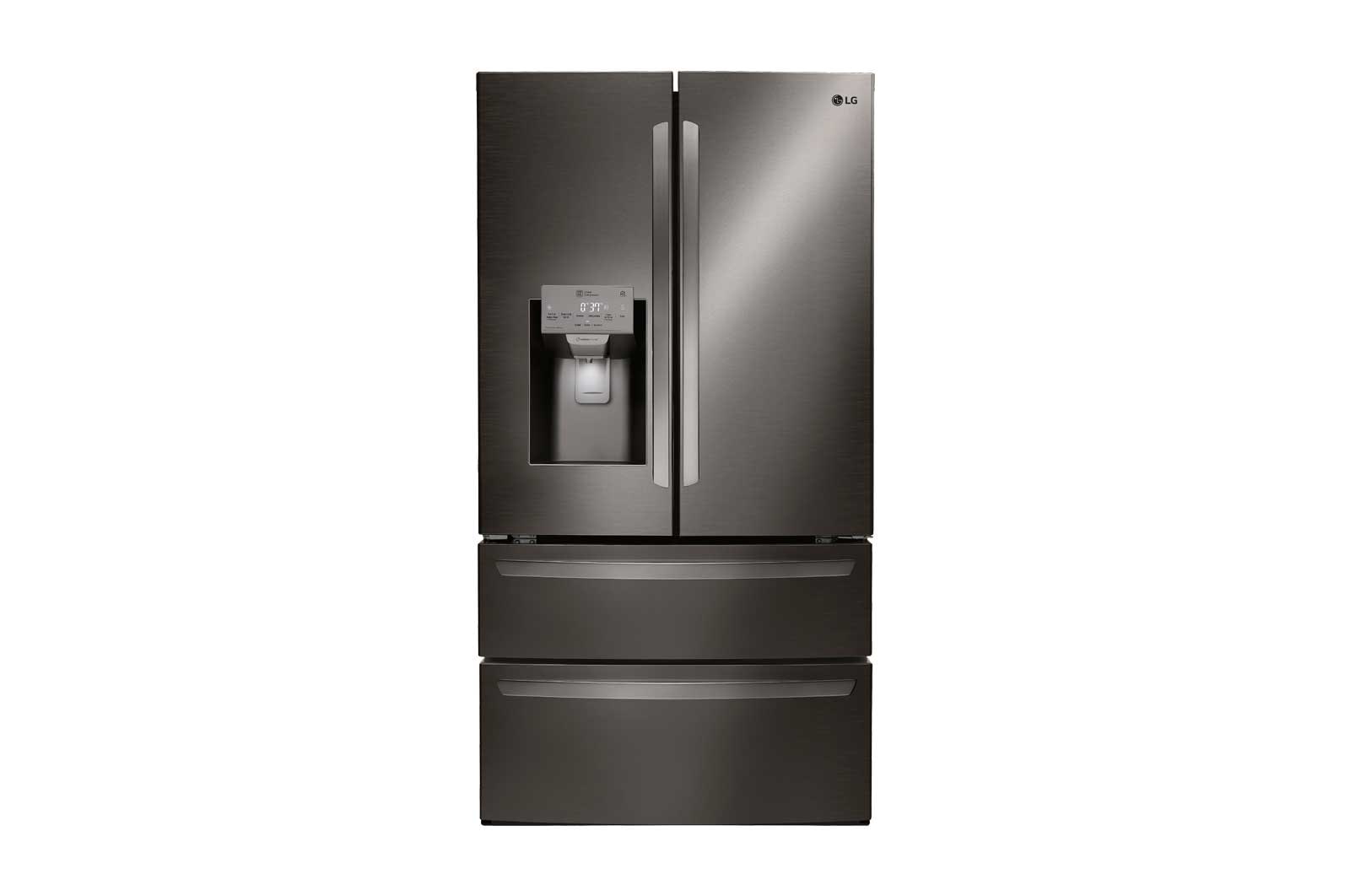 Vista frontal de Nevecón Tipo europeo 4 puertas, capacidad 842 LTS, No frost, Acabado Matte Black, Inverter Lineal Compressor LM80SGD