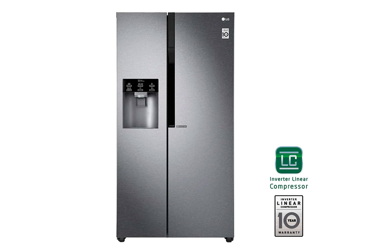 Vista frontal de Nevecón LG Side by Side, capacidad de 591 LTS, acadabo Platimun Silver, Inventer Linear Compresor LS63SPGK