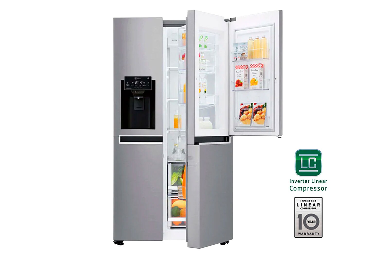 Vista frontal de Nevecon Door-in-Door®, Side by Side, capacidad 592L Brutos, acabado Platimun Silver, Inverter Linear Compresor LS65SDPX