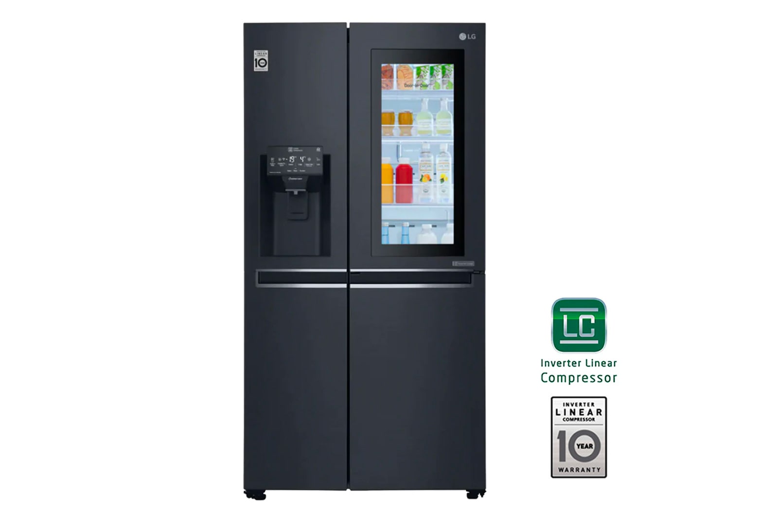 Vista frontal de Nevecon LG InstaView Door in Door, Side by Side, capacidad 592 LTS, acabado Matte Black ,Inverter Linear Compressor LS65SXTX