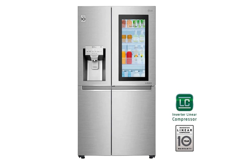 LG Nevecón InstaView Door-in-Door, Side by Side, capacidad 690 LTS, acabado STS, Inverter Linear Compresor, LS74SXSX