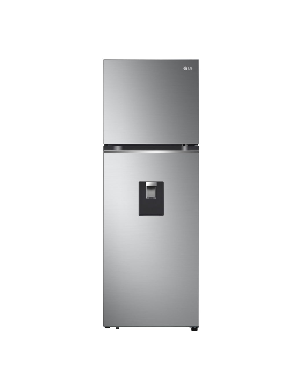 Refrigerador LG GT32WP con congelador superior, acero inoxidable y dispensador de agua, ofrece diseño compacto y almacenamiento práctico.
