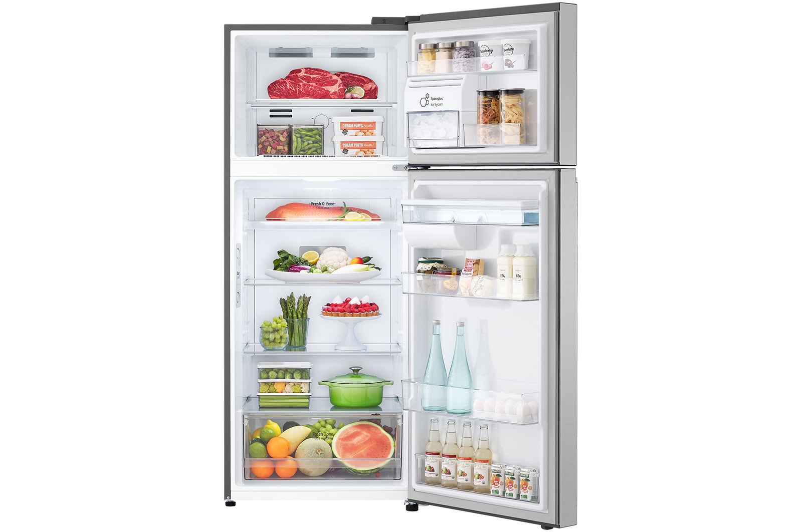 Nevera LG con puertas abiertas mostrando productos almacenados