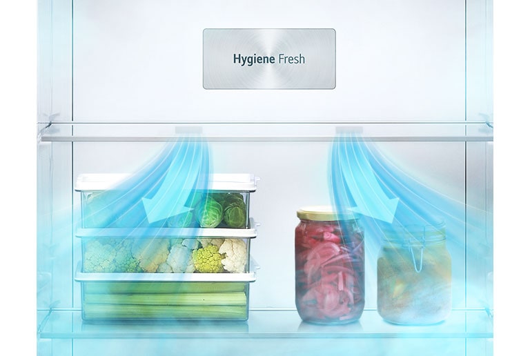 Hygiene Fresh+ de LG mantiene tus alimentos frescos por más tiempo, eliminando bacterias y malos olores en la nevera.