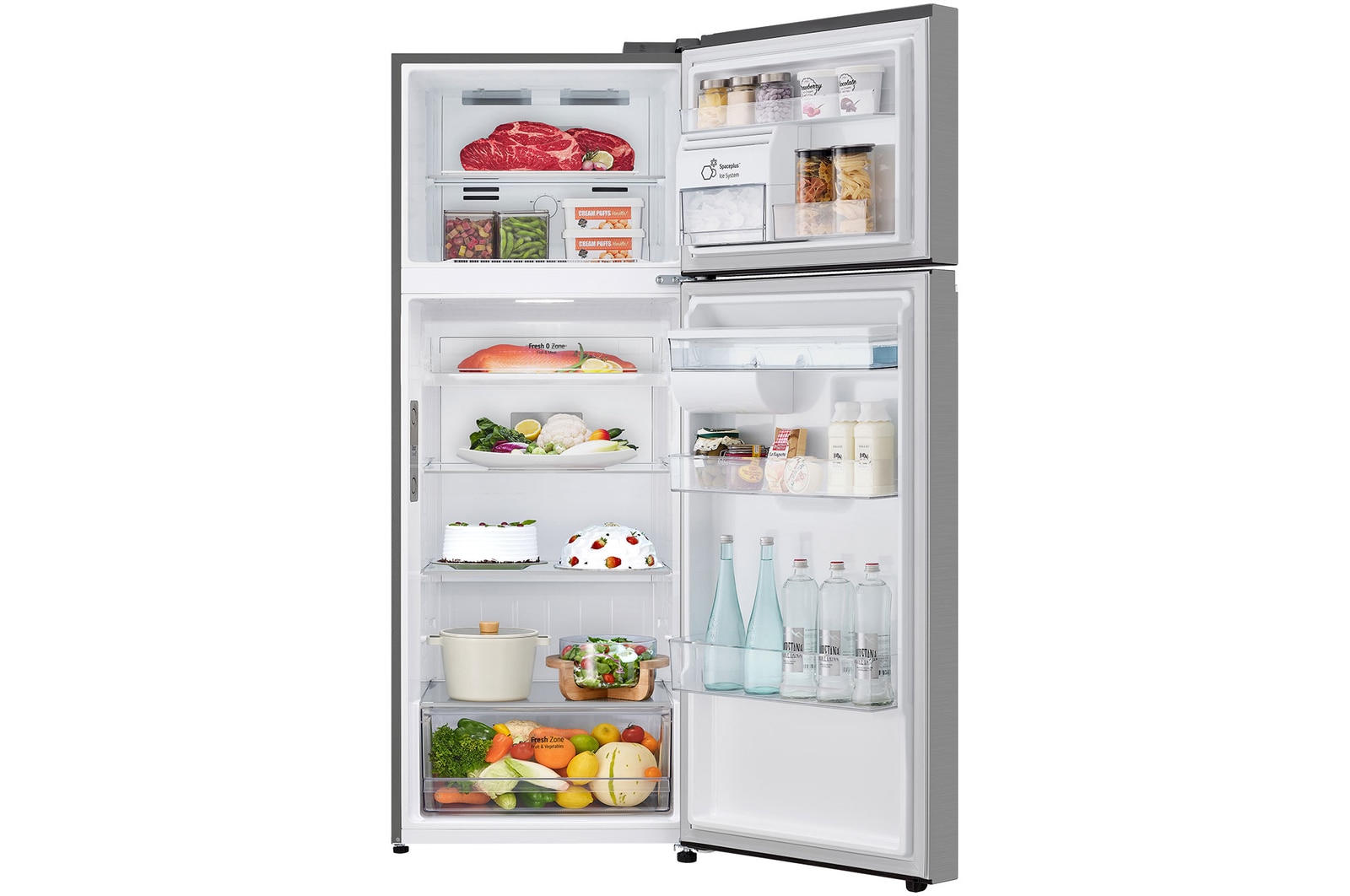Nevera LG con puertas abiertas mostrando productos almacenados