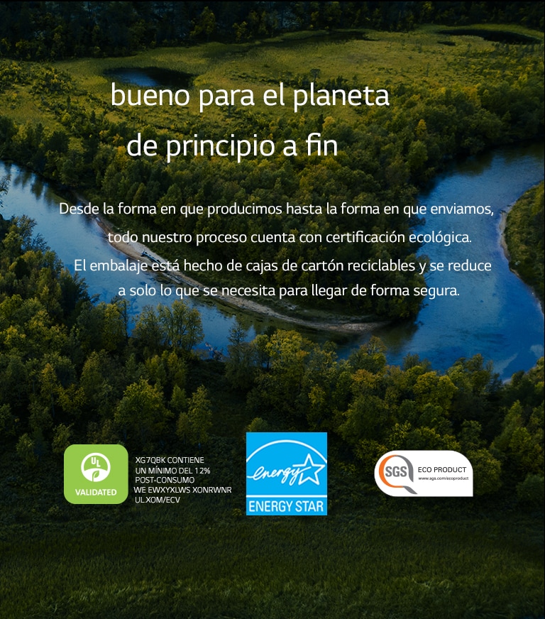 Hay un bosque y un río en la imagen. En la parte inferior de la imagen, se muestran los logotipos de UL, Energy Star y SGS.