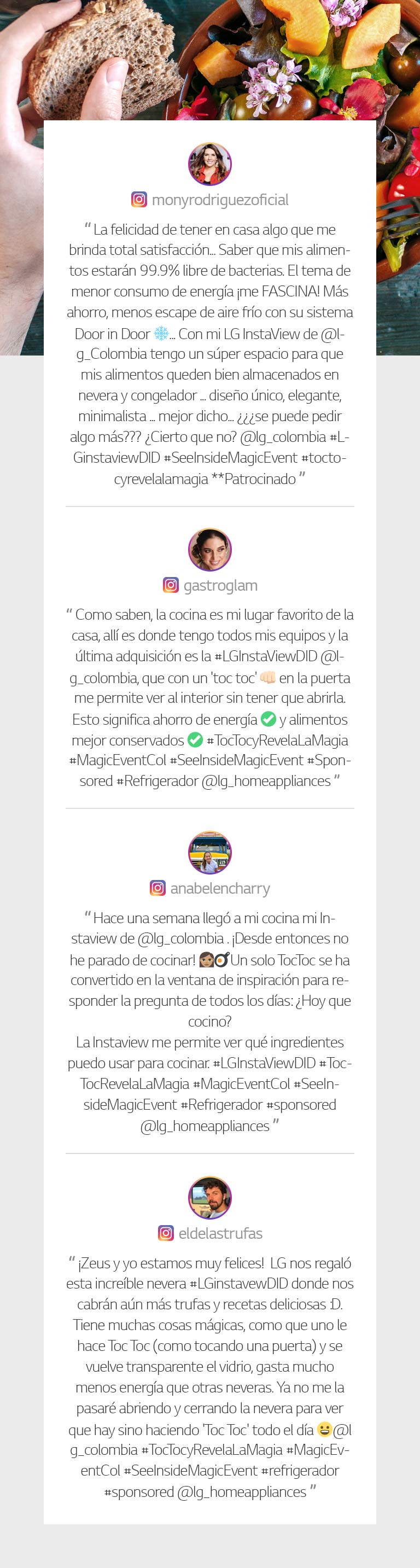 Comentarios en Instagram elogiando los beneficios del Nevecón LG InstaView