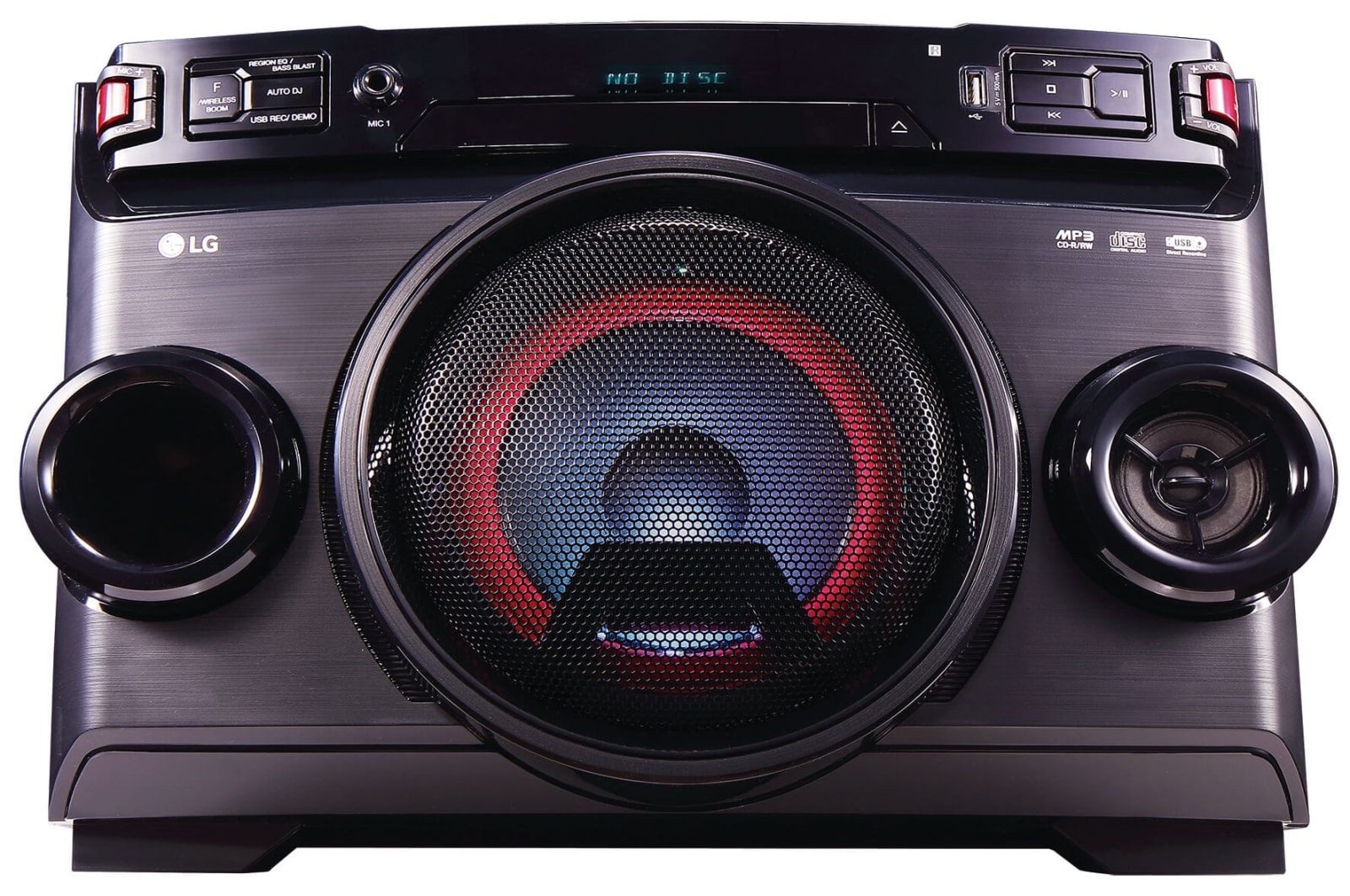 Vista frontal de LG XBOOM OM4560, One body mini, 220W RMS, Auto DJ, Multi Bluetooth, Sound Sync, LED multi color, fácil de llevar. OM4560